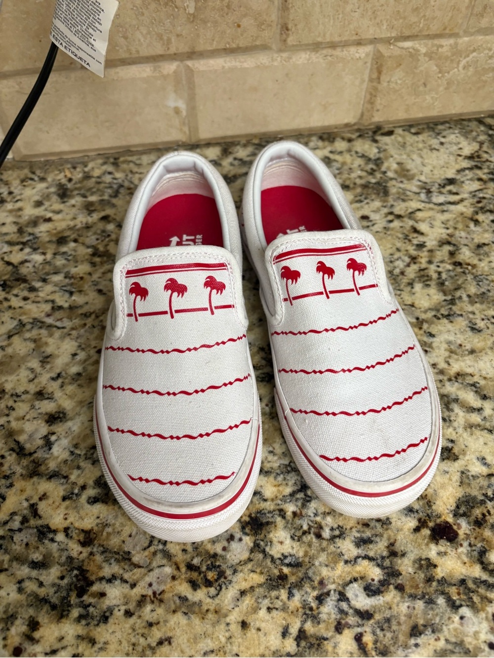 Girls White Slip-On Sneakers with Pink Palm Tree Print